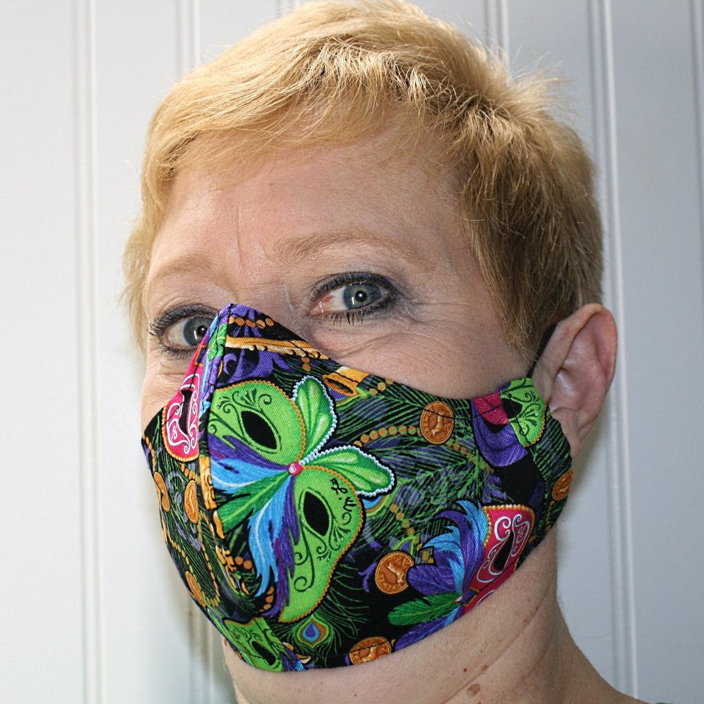 HAND CRAFTED Face Mask Mardi Gras Adult Cloth Fabric Print - Shield Style
